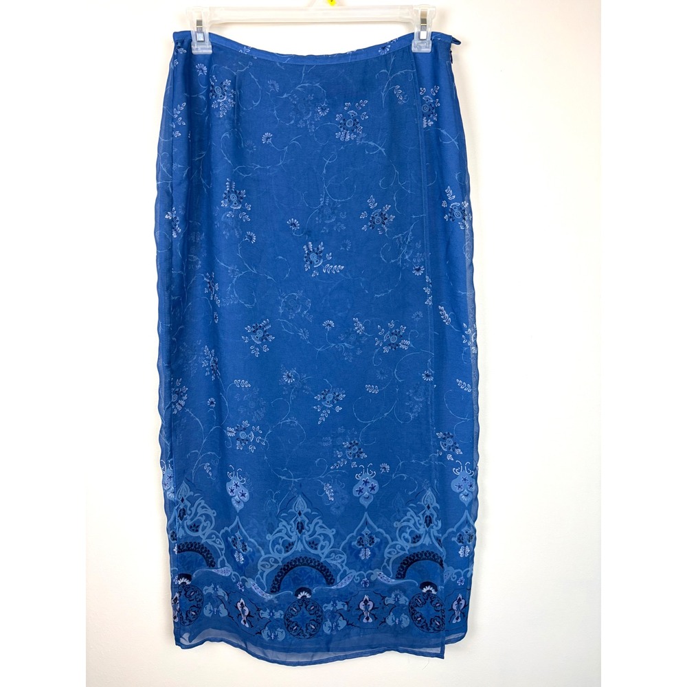 Worthington Maxi Skirt 14 Blue Floral Paisley Vintage 90s Boho Chiffon Faux Wrap